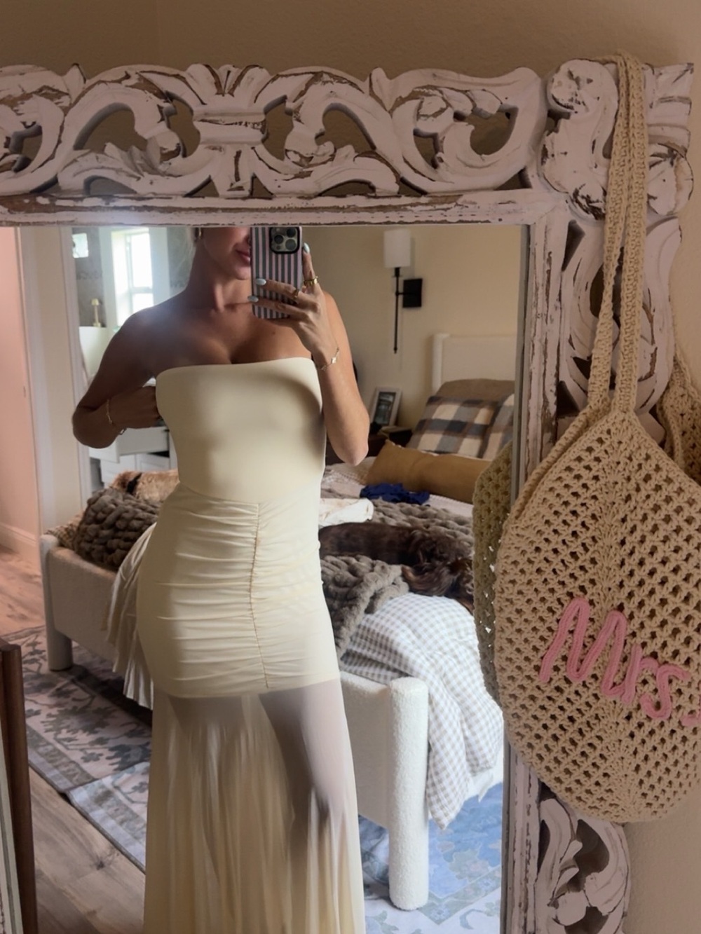 Strapless Sheer-Hem Maxi Dress in yellow